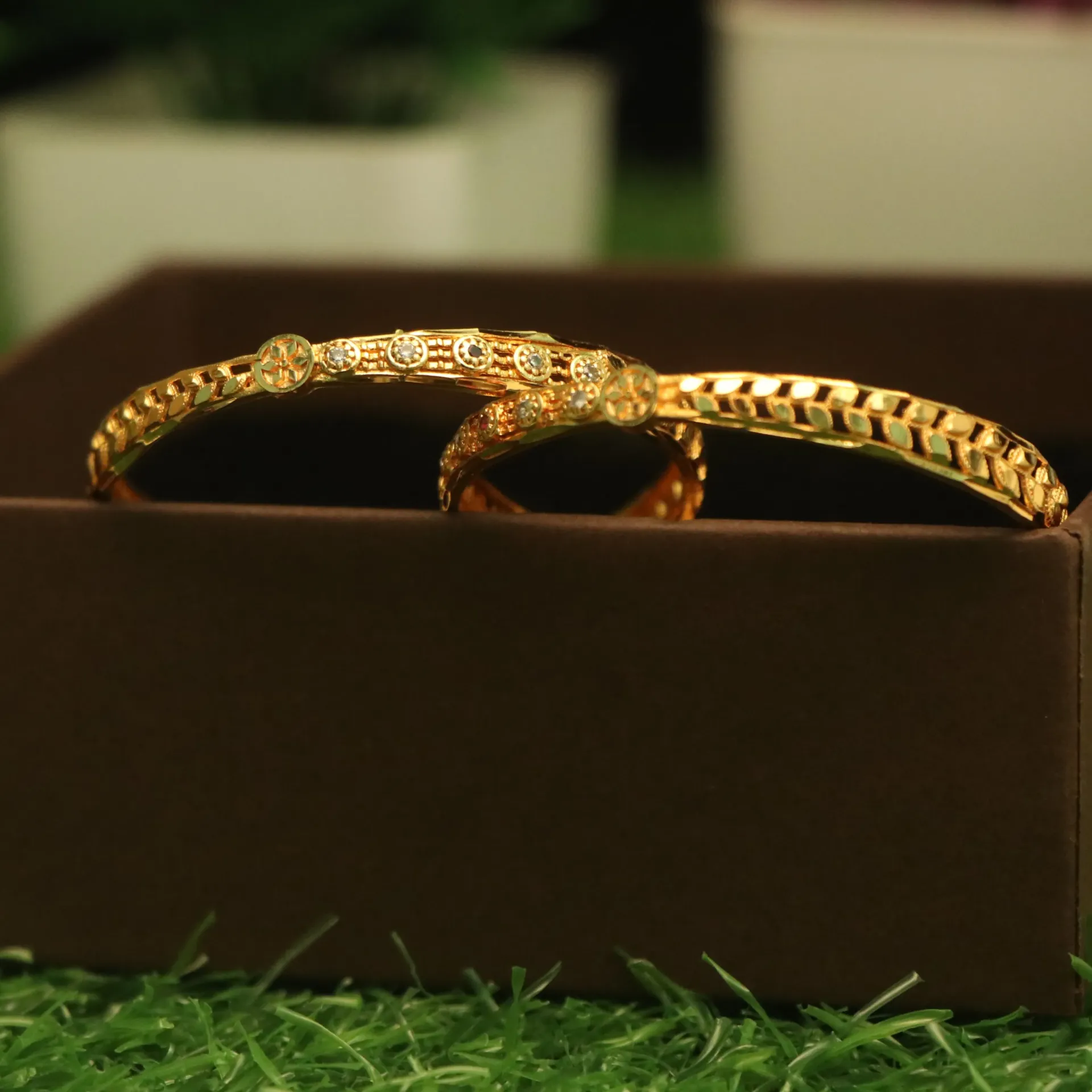 [BANGLES-00617] Shreehari Elegant Gold-Plated Floral Stone-Studded Bangle Set