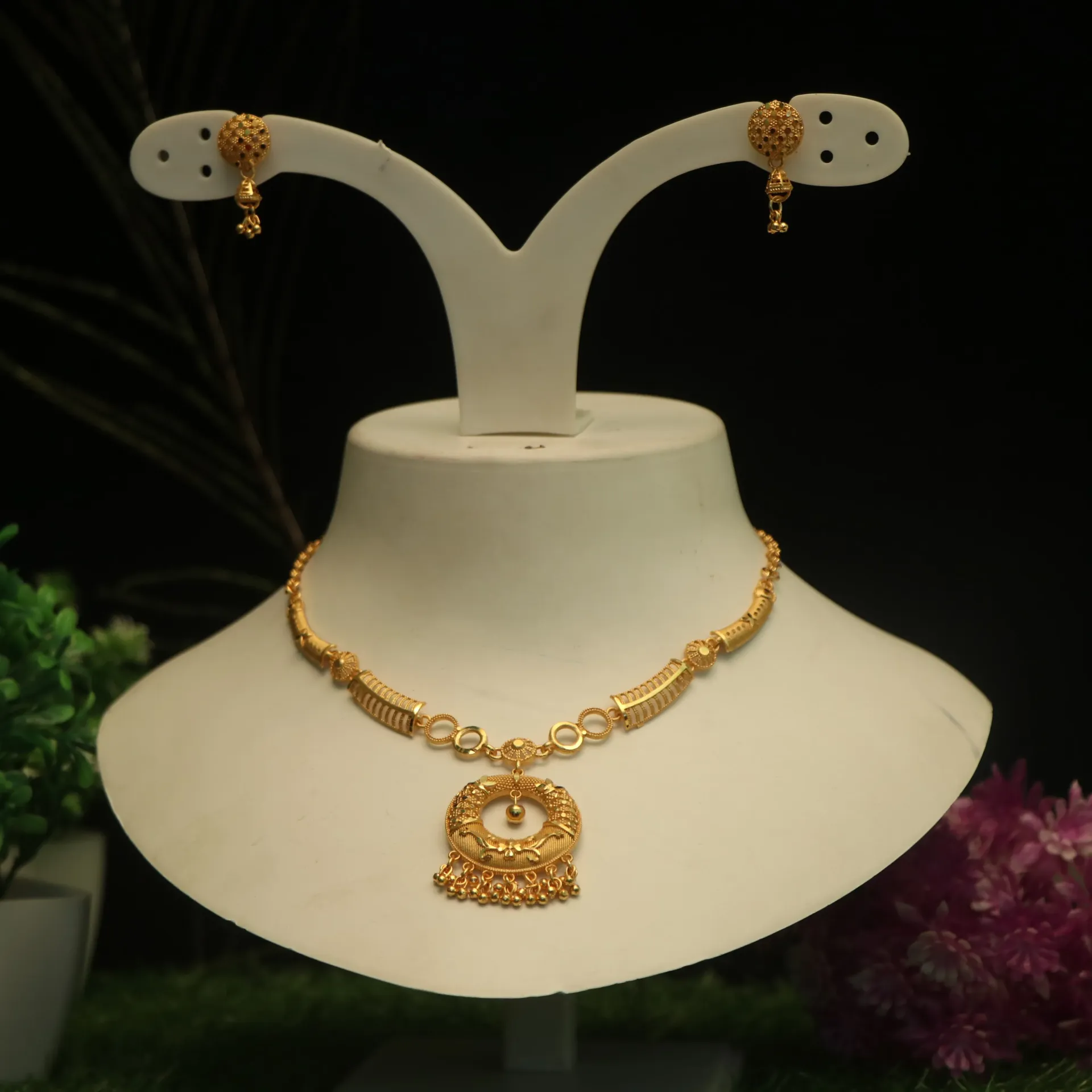 [NECKLACES-01127] Arihant Gleaming Golden Mandala Necklace with Jhumka-Studs