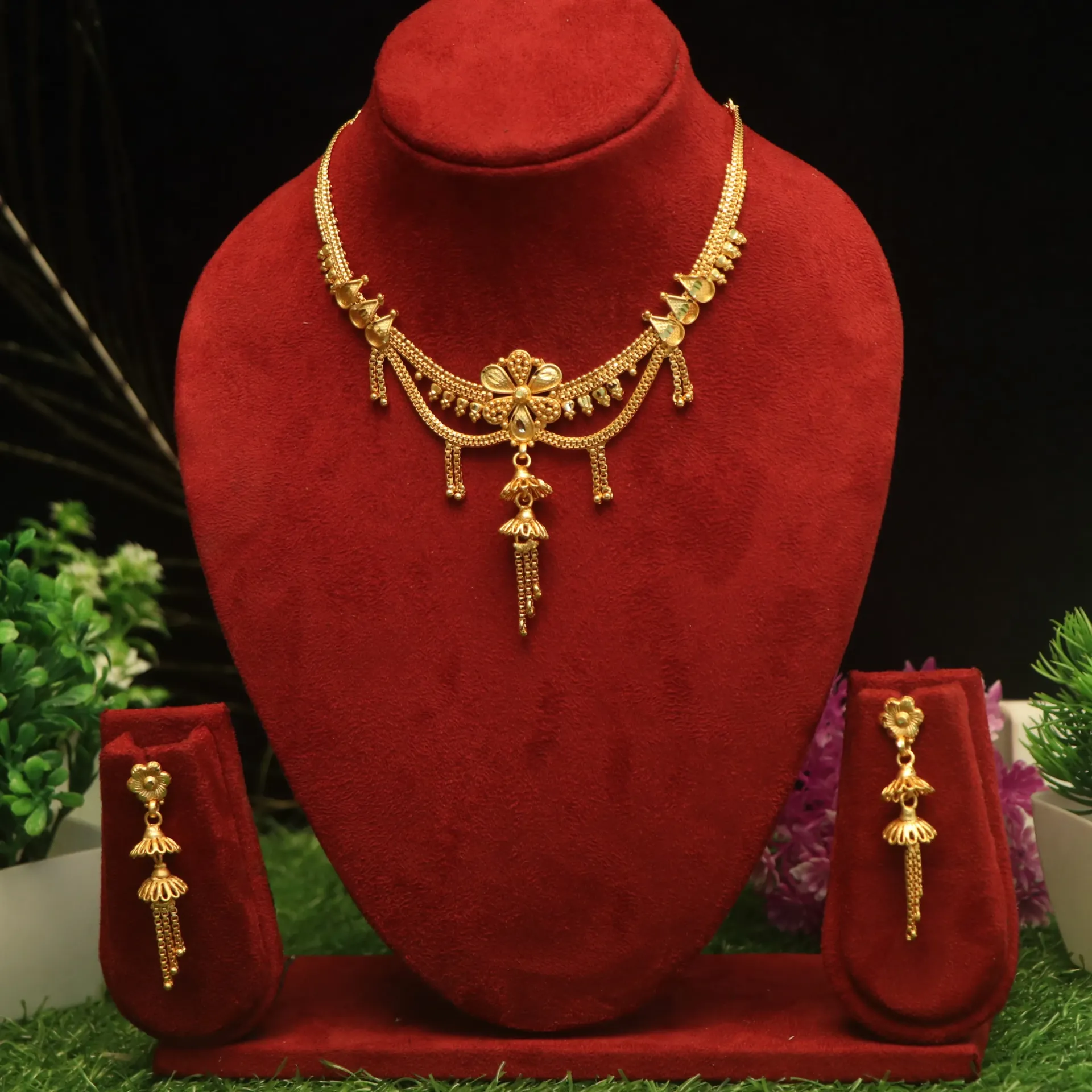 [NECKLACE-30025] Arihant Antique Jhumka-Style Tiered Necklace with Long Earrings
