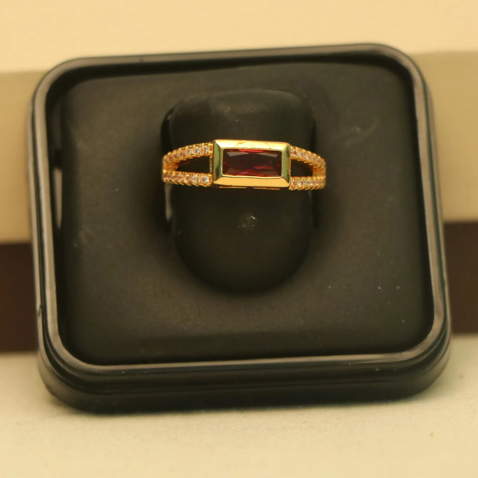 Arihant Sophisticated Split-Band Gold-Polished Red Stone Ring